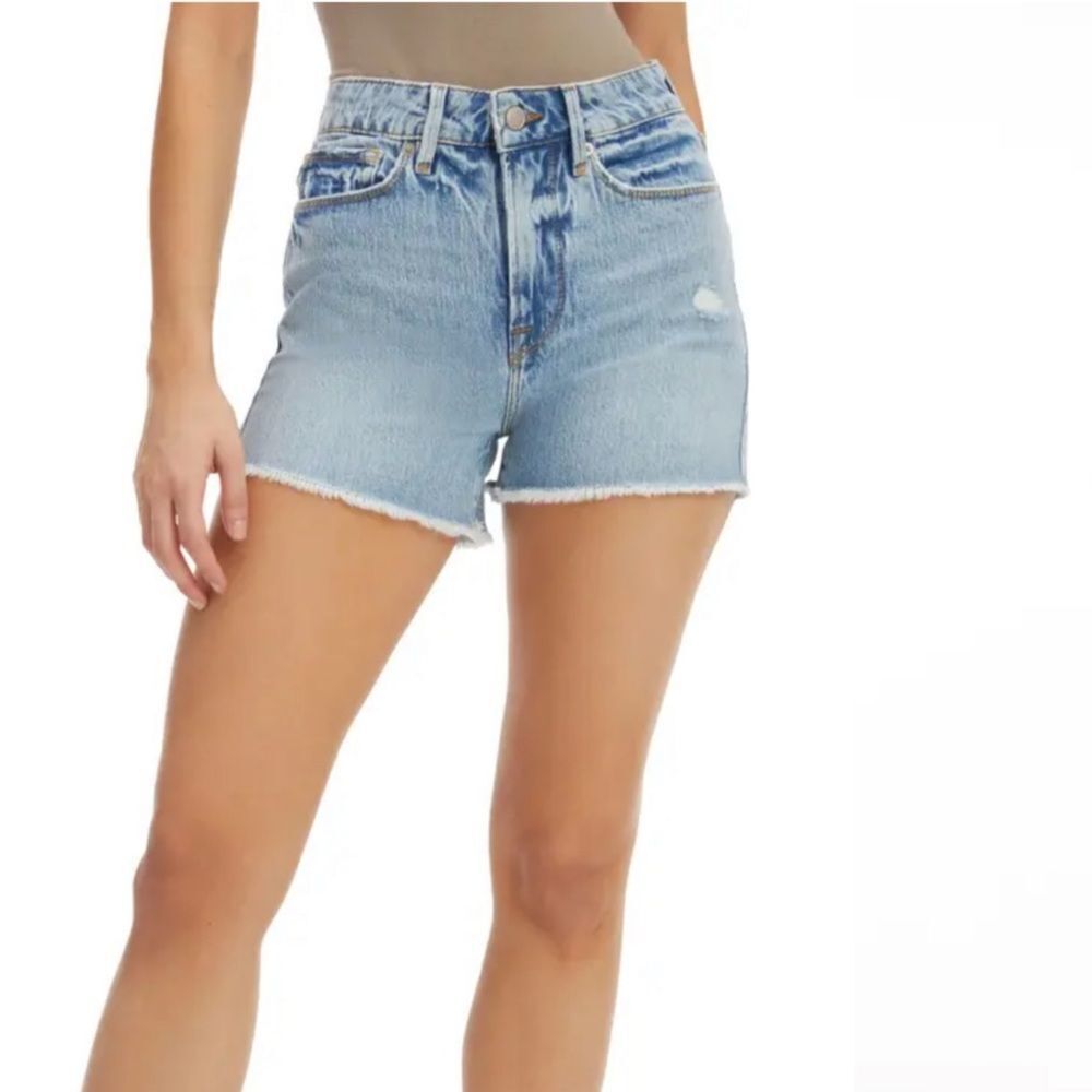 Good American Light Blue Distressed High-Rise Denim Shorts